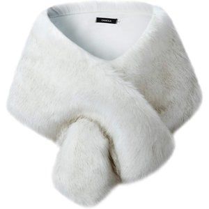 Women's White Faux Fur Stole Cloak Coat Sweater Cape for Evening Party Shawl